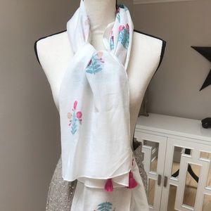 Ann Taylor Long multi colored scarf with pink tassels. NWT